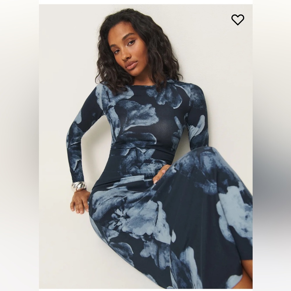 Reformation Navy and Light Blue Floral Midi Dress
